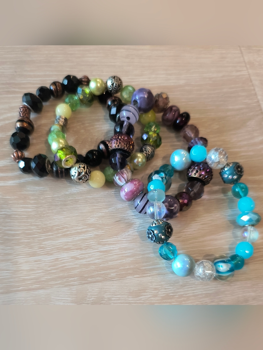 Beaded Stretch Bracelet Set - Turquoise, Purple, Green And Black